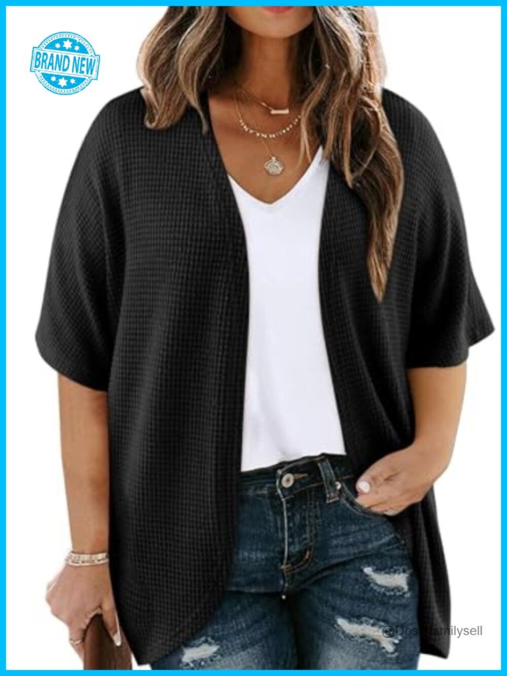 Plus Size Waffle Knit Open Front Kimono Cardigan Short Sleeve